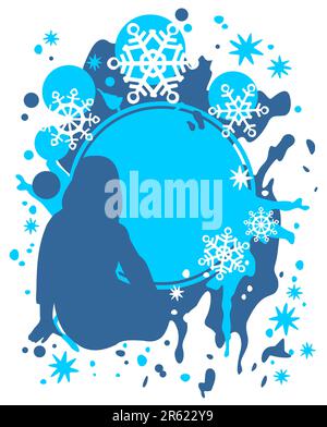 Silhouette da ragazza seduta su uno sfondo blu con fiocchi di neve. Illustrazione Vettoriale