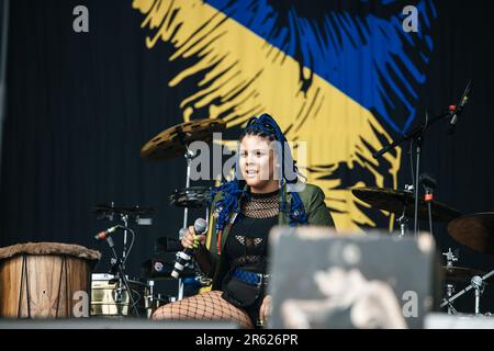 gogol bordello suona dal vivo al festival di slam dunk a nord di leeds uk, 28th maggio 2023, Foto Stock