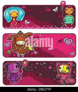 Una serie di coloratissimi striscioni di San Valentino: Una coppia innamorata a un appuntamento, un grazioso asino con un fiore, divertenti anumali orsi e gatto a un appuntamento bellissimo backgroun... Illustrazione Vettoriale