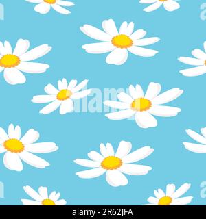 Disegno Daisy Flower senza cuciture su sfondo blu. Motivo floreale grazioso per la stampa. Illustrazione Vettoriale