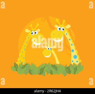 Illustrazione vettoriale della famiglia di giraffe. Divertenti personaggi animali in stile retrò. Illustrazione Vettoriale