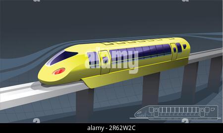 illustrazione di un treno di sospensione magnetica. nello spigolo in basso a destra - il disegno. - vista laterale. Illustrazione Vettoriale