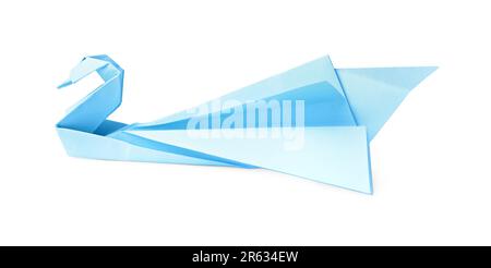 Carta blu chiaro cigno isolato su bianco. Origami arte Foto Stock