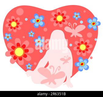 Silhouette da ragazza rosa con farfalle e cuore decorato con fiori isolati su sfondo bianco. Illustrazione Vettoriale