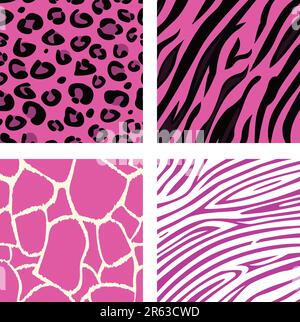 Motivi animaletti di tigre, zebra, giraffa e leopardo di colore rosa. Illustrazione vettoriale. Illustrazione Vettoriale