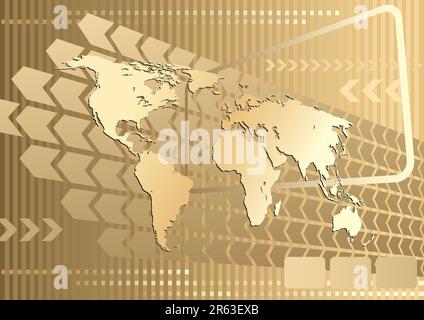 Grande mappa del mondo d'oro su sfondo astratto, illustrazione aziendale concettuale. La mappa di base è del sito Web della Central Intelligence Agency. Illustrazione Vettoriale