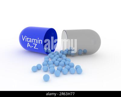 Aprire la capsula con vitamina A-Z su un tavolo bianco, supplemento alimentare concetto, rendering 3D Foto Stock