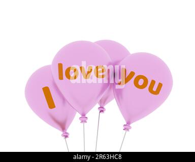 Quattro lucido palloncini rosa con le parole ti amo su uno sfondo bianco, rendering 3D Foto Stock