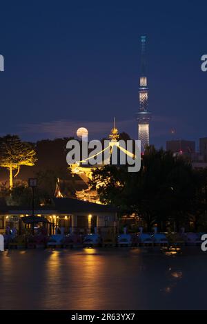 Ueno Shinobazunoike Pond Benten Hall e super luna Foto Stock