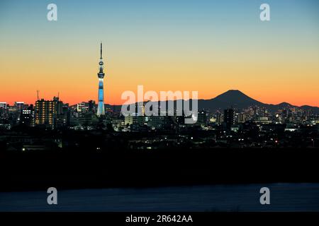 Fuji e Sky Tree al tramonto Foto Stock