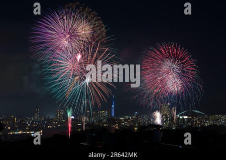 Festival dei fuochi d'artificio di Ohori del Giappone occidentale Foto Stock