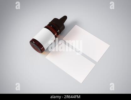 Flacone contagocce in vetro ambrato mockup su sfondo grigio, rendering 3D Foto Stock