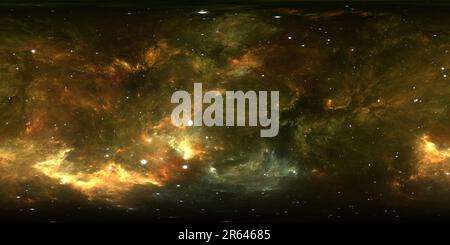 Visualizzazione panoramica a 360 gradi di panoramica nebulosa spaziale a 360 gradi, proiezione equirettangolare, mappa ambientale. Panorama sferico HDRI. Sfondo spaziale con nebulosa e stelle. 3d ill
