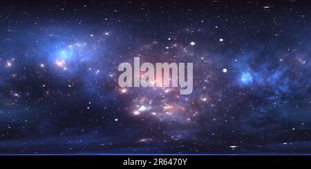 Visualizzazione panoramica a 360 gradi di panoramica nebulosa spaziale a 360 gradi, proiezione equirettangolare, mappa ambientale. Panorama sferico HDRI. Sfondo spaziale con nebulosa e stelle. 3d ill