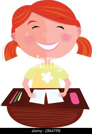 Piccolo allievo seduto in classe. Una ragazza carina studia duramente, ma imparare la rende divertente! Illustrazione vettoriale stilizzata Illustrazione Vettoriale