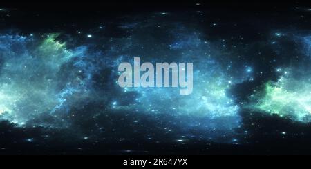 Visualizzazione panoramica a 360 gradi di panoramica nebulosa spaziale a 360 gradi, proiezione equirettangolare, mappa ambientale. Panorama sferico HDRI. Sfondo spaziale con nebulosa e stelle. 3d ill