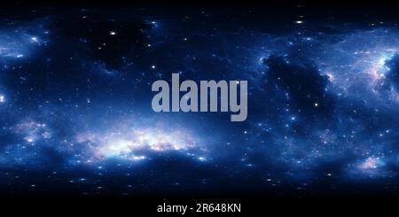 Visualizzazione panoramica a 360 gradi di panoramica nebulosa spaziale a 360 gradi, proiezione equirettangolare, mappa ambientale. Panorama sferico HDRI. Sfondo spaziale con nebulosa e stelle. 3d ill