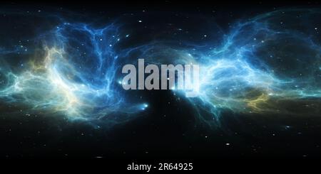 Visualizzazione panoramica a 360 gradi di panoramica nebulosa spaziale a 360 gradi, proiezione equirettangolare, mappa ambientale. Panorama sferico HDRI. Sfondo spaziale con nebulosa e stelle. 3d ill