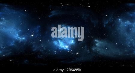 Visualizzazione panoramica a 360 gradi di panoramica nebulosa spaziale a 360 gradi, proiezione equirettangolare, mappa ambientale. Panorama sferico HDRI. Sfondo spaziale con nebulosa e stelle. 3d ill