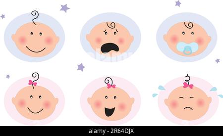 Adorabili icone blu e rosa. Bambino sorridente, bambino triste, bambino con succhietto, bambino pianto, bambino sorpreso. Illustrazione vettoriale. Illustrazione Vettoriale