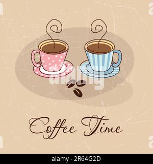 Illustrazione vettoriale del biglietto d'auguri con due tazze di caffè Illustrazione Vettoriale