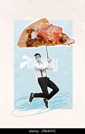 Collage creativo e surreale modello di giovane ragazzo volare aria su bizzarro parasolo con fetta di pizza Foto Stock