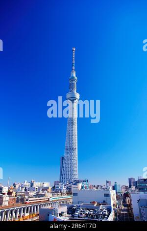 Treno espresso Tobu Skytree Line che interseca Tokyo Skytree Foto Stock