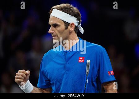 Svizzera, Ginevra : tennista professionista Roger Federer, Team Europe, alla Laver Cup 2019 Foto Stock