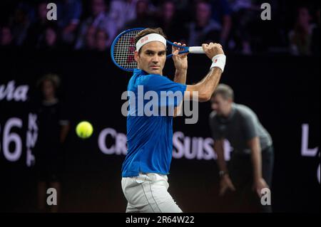 Svizzera, Ginevra : tennista professionista Roger Federer, Team Europe, alla Laver Cup 2019 Foto Stock