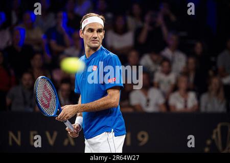 Svizzera, Ginevra : tennista professionista Roger Federer, Team Europe, alla Laver Cup 2019 Foto Stock