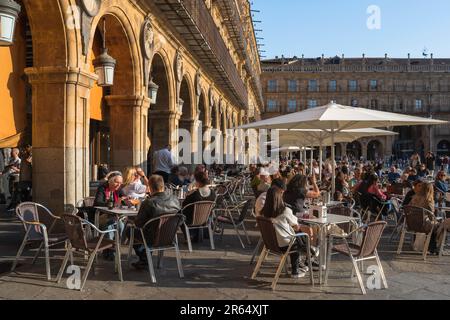 Salamanca Spagna, ammira in estate le persone che si rilassano ai tavoli dei caffè nella Plaza Mayor nella storica città spagnola di Salamanca, Castilla Y Leon Foto Stock