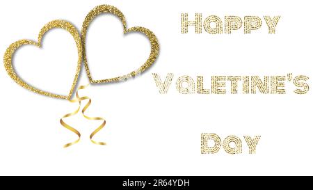 Bella struttura astratta di oro scintillante cuore palloncini e nastri dorati per felice San Valentino su sfondo bianco e copia s Illustrazione Vettoriale