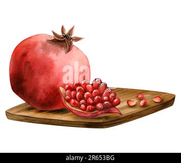 Melograni succosi su tavola di legno acquerello illustrazione frutta intera, fetta e semi isolati su bianco Foto Stock