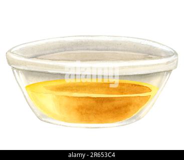 Miele giallo in vaso di vetro acquerello illustrazione isolata su sfondo bianco. Cottura dell'olio d'oliva in piastra profonda Foto Stock