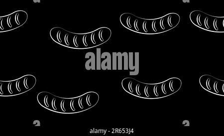 salsicce su sfondo nero, illustrazione vettoriale, motivo bianco e nero. deliziose salsicce alla griglia. salsiccia ad alto contenuto calorico, cibo grasso spazzatura. marinai Illustrazione Vettoriale