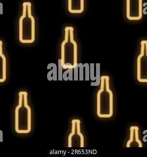 Motivo senza cuciture, texture neon astratto luminoso giallo incandescente dalle icone della barra da bottiglie di vetro di birra artigianale e copia spazio su una ba nera Illustrazione Vettoriale