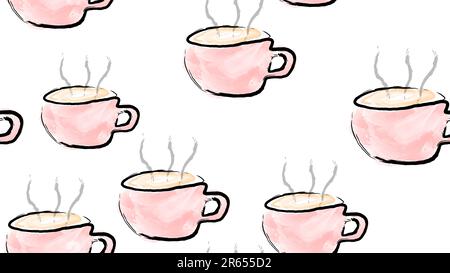 Texture motivo senza cuciture di tazze rosa con un manico di caldo delizioso tonificante caffè nero dipinto con pennello acquerello con vapore. Illustrazione Vettoriale