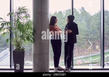 In un ufficio moderno, un paio di colleghi, uno con un hijab, si impegnano in una vivace discussione, condividendo le loro idee di business e promuovendo un diverso e. Foto Stock