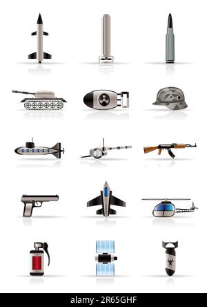 Icone realistiche di armi, armi e guerra - Set di icone Vector Illustrazione Vettoriale
