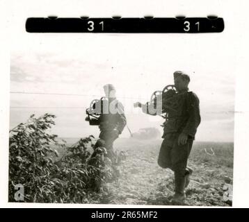 SS Photographer Baumann, Totenkopf Division, Russia 1941 unità di ricognizione gommata, foto di moto, fucili, tombe, prigionieri di guerra e abitanti del villaggio russi, Fieseler Fi 156 Storch, carri armati e attrezzature russe distrutti, costruzione di ponti, soldati che nuotano nel fiume, equipaggio di mitragliatrici, equipaggio di pistole anticarro, cerimonia di premiazione di unità, Unità di marzo, artiglieria trainata da halftrack, unità di manutenzione di veicoli a motore, attività Kriegsberichter, panetteria da campo, ospedale da campo, rifornimento aereo da JU-52, unità di proiettore antiaereo, ufficio postale sul campo, e un Focke-Wulf 189 (Eagle-Owl) in volo. IMA Foto Stock