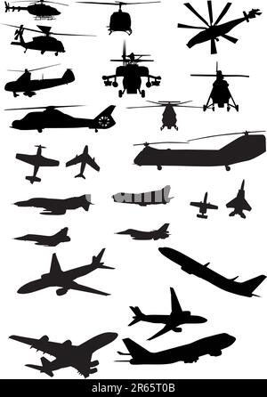 silhouette assortite per elicotteri e aeroplani in nero Illustrazione Vettoriale