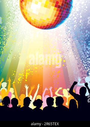 Un grande gruppo di persone che ballano in un club. Illustrazione Vettoriale