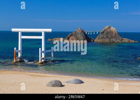 Torii porta e un paio di rocce in Sakurai Futamigaura Foto Stock