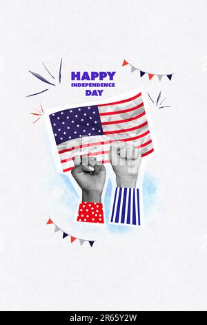 Bandiera verticale celebrazione felice indipendenza giorno società sostegno veterani pugni in su stati uniti d'america isolato su sfondo grigio Foto Stock