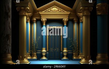 3d dignitoso ingresso con colonne, oro, blu e sfondo nero. sala interna del palazzo Foto Stock