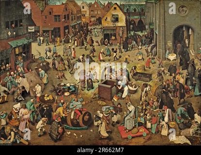 La lotta tra Carnevale e Quaresima dipinta dal pittore rinascimentale olandese Pieter Breughel il Vecchio nel 1559. Breughel è stato il pittore più importante del Rinascimento olandese e fiammingo. La sua scelta di soggetti fu influente, rifiutò ritratti e scene religiose a favore di scene locali e contadine. Foto Stock