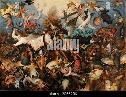 La caduta degli Angeli Rebel dipinta dal pittore rinascimentale olandese Pieter Breughel il Vecchio. Breughel è stato il pittore più importante del Rinascimento olandese e fiammingo. La sua scelta di soggetti fu influente, rifiutò ritratti e scene religiose a favore di scene locali e contadine. Foto Stock