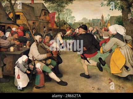La danza contadina dipinta dal pittore rinascimentale olandese Pieter Breughel il Vecchio nel 1568. Breughel è stato il pittore più importante del Rinascimento olandese e fiammingo. La sua scelta di soggetti fu influente, rifiutò ritratti e scene religiose a favore di scene locali e contadine. Foto Stock