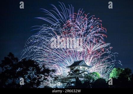 Castello di Inuyama e fuochi d'artificio Foto Stock