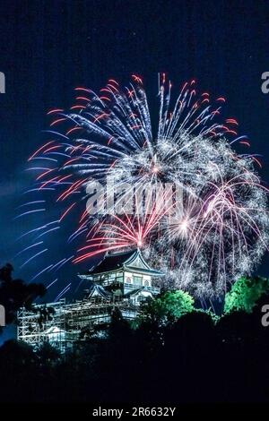 Castello di Inuyama e fuochi d'artificio Foto Stock